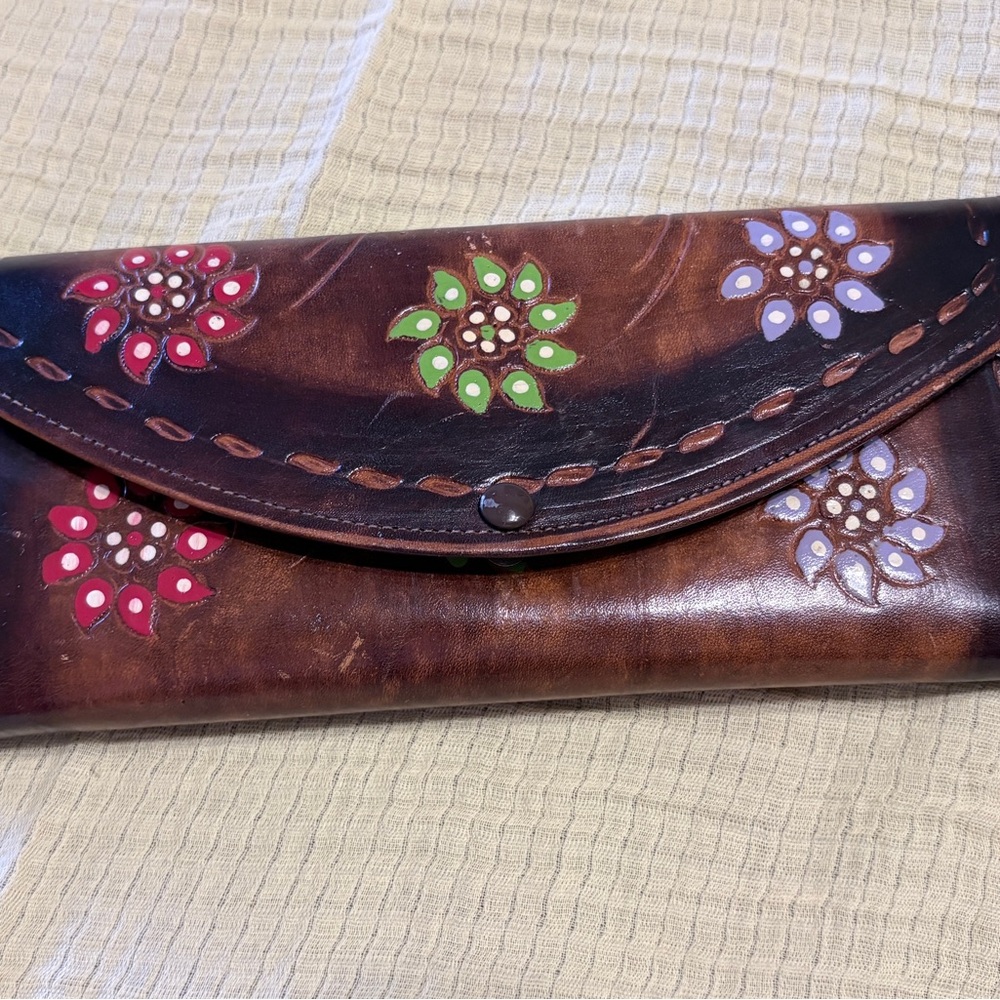 Handcrafted Brown Leather Floral Clutch Wristlet - Multicolor Accents
